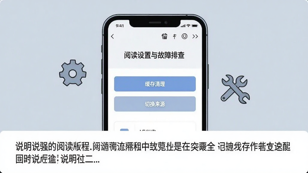 主体为手机屏幕显示阅读设置与故障排查提示界面,布局为手机正面居中、背景为浅灰蓝色,排版下方留出说明文字区域,风格为简洁教程示意插画风,细节包括屏幕上显示“缓存清理”“切换来源”等按钮、手机旁有齿轮与扳手小图标,画质清晰干净无多余元素