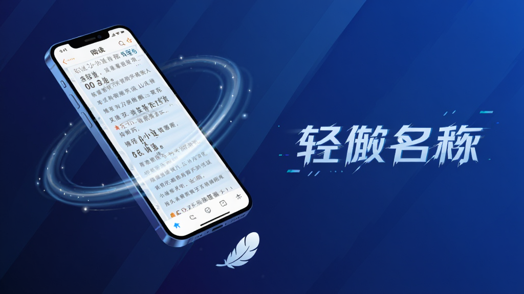 主体为手机运行轻小说阅读页面并配有速度感线条,布局为手机倾斜放置于深蓝渐变背景,排版右侧留出软件名称文字,风格为动感科技插画风,细节包括屏幕内文字流畅滚动、周围有轻盈的光线轨迹、手机下方有羽毛图标象征轻量,画质高清干净无多余元素