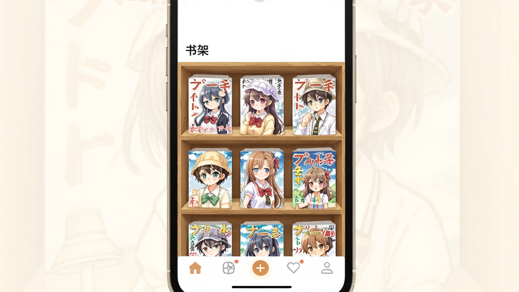 主体为手机书架界面展示多本轻小说封面网格,布局为手机居中、背景为柔和米白色,排版上方留白,风格为温馨阅读氛围插画风,细节包括书架网格中排列多本日系风格封面、顶部有“书架”标签、底部导航栏高亮,画质清晰干净无多余元素