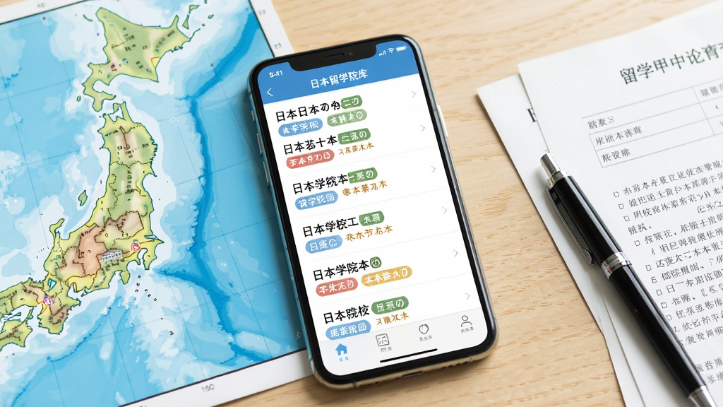 一张展示手机应用界面的场景图,画面中央是手机屏幕,屏幕上显示日本留学院校库的院校列表页面,包含多所日本大学的名称与分类标签,手机周围摆放着日本地图、留学申请表格和一支笔,背景为浅色木质桌面,整体风格简洁明亮,细节清晰,画质干净,无多余元素