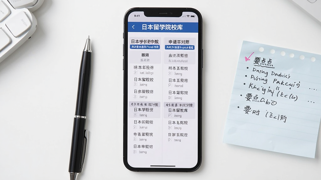 一张对比参考场景图,画面中央为手机屏幕,屏幕上显示日本留学院校库的申请条件对照页面,左右两栏分别列出不同院校的要求条目,手机旁有一支笔和一张写有要点的便签纸,背景为白色桌面,风格干净利落,细节清晰,画质干净,无多余元素