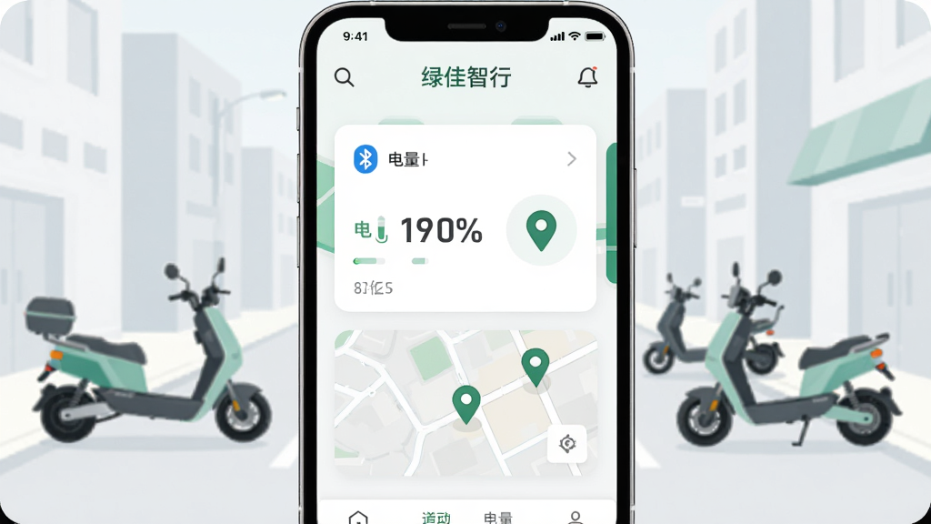 画面主体为一部智能手机屏幕显示绿佳智行应用主界面,界面中央展示电动车电量与定位卡片,背景为简约的浅色城市街道与停放的电动车,布局采用居中对称构图,风格为清爽科技感扁平化设计,细节包含蓝牙连接图标、电量百分比数字与地图定位标记,画质清晰干净,无多余元素