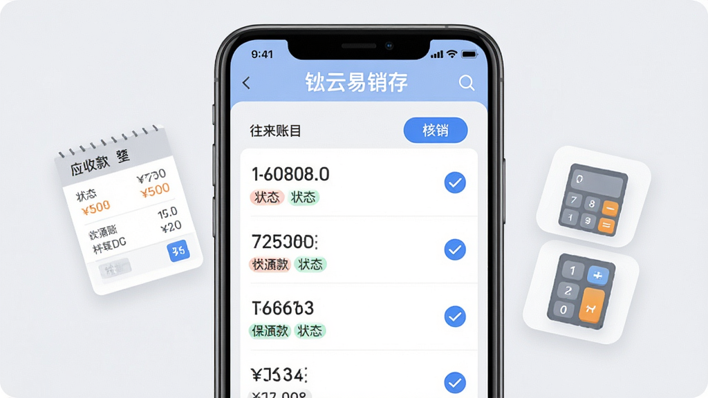 画面主体是“铱云易销存”应用中的往来账目界面,展示应收款列表与核销按钮;布局为手机屏幕居中,左右两侧漂浮账单与计算器图标;排版上软件名称“铱云易销存”以标签形式出现在界面顶部;风格为简洁商务插画风,浅灰与蓝色搭配;细节包括金额数字、状态标签、勾选核销图标;画质高清、画面干净、无多余元素。