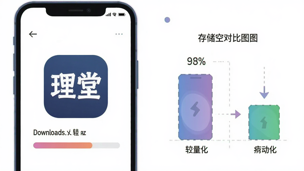 一张展示应用安装过程的示意图,画面左侧为手机屏幕显示下载进度条与“理堂”应用图标,右侧为存储空间对比图示,整体采用扁平化插画风格,配色清新,背景干净,突出轻量与快速的主题,画质清晰,无多余装饰元素