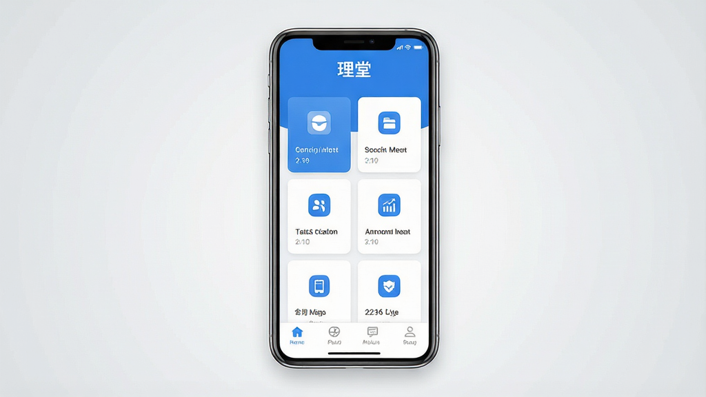 一张手机应用界面展示图,画面中央放置一部现代智能手机,手机屏幕上显示简洁清爽的应用主界面,顶部有“理堂”字样标识,界面采用卡片式布局,包含功能入口图标与底部导航栏,整体配色以蓝白为主,背景为浅灰色渐变,风格现代简约,细节清晰,画质干净,无多余元素,适合作为软件下载站展示图