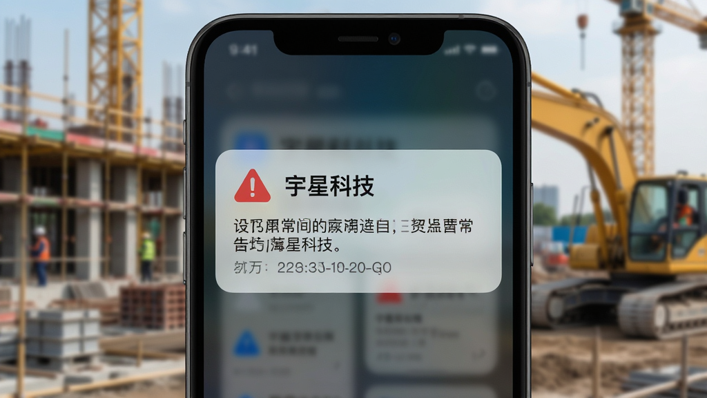 画面主体为手机屏幕弹出设备异常告警通知卡片,卡片上有醒目的提醒图标与“宇星科技”字样;布局为手机居中特写,背景为模糊的工地环境;风格为写实科技风;细节包含告警文字与时间信息;画质清晰,干净整洁,无多余元素