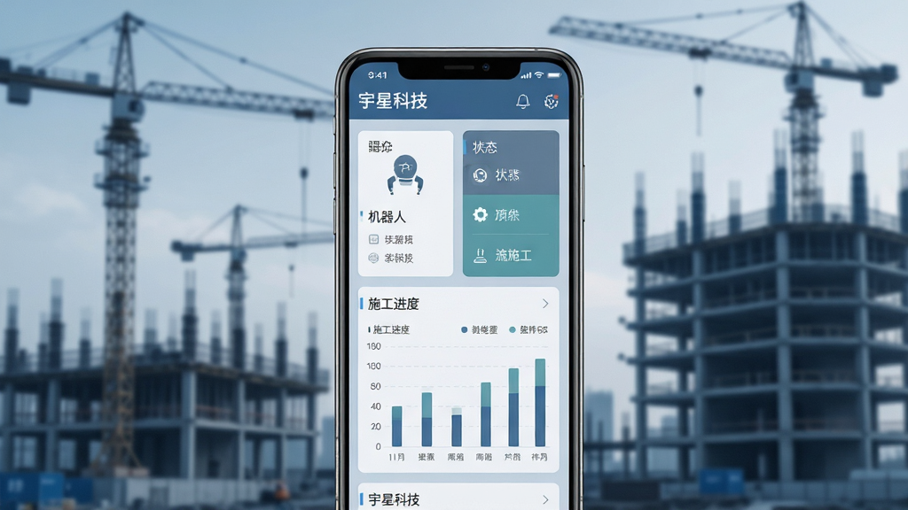 画面主体为一台智能手机竖屏展示建筑机器人管控软件界面,界面中包含机器人状态卡片与施工进度图表;背景为现代化建筑工地,有塔吊与在建楼体轮廓;布局采用手机居中、工地虚化衬托的构图;风格为写实科技感,蓝灰主色调;细节包含界面上的“宇星科技”文字标识与设备图标;画质清晰锐利,干净整洁,无多余元素