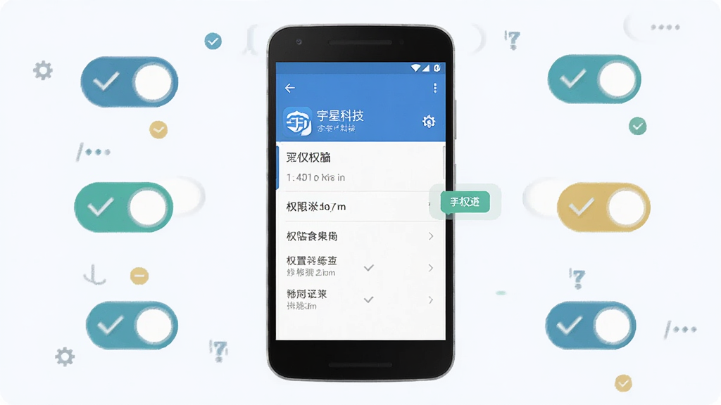 画面主体为一部安卓手机屏幕显示应用权限设置页面,旁边有勾选与提示图标;布局为手机居中,周围环绕权限开关小图标;风格为扁平化信息图风格;细节包含“宇星科技”应用名称与权限条目;画质清晰,配色清爽,干净无多余元素