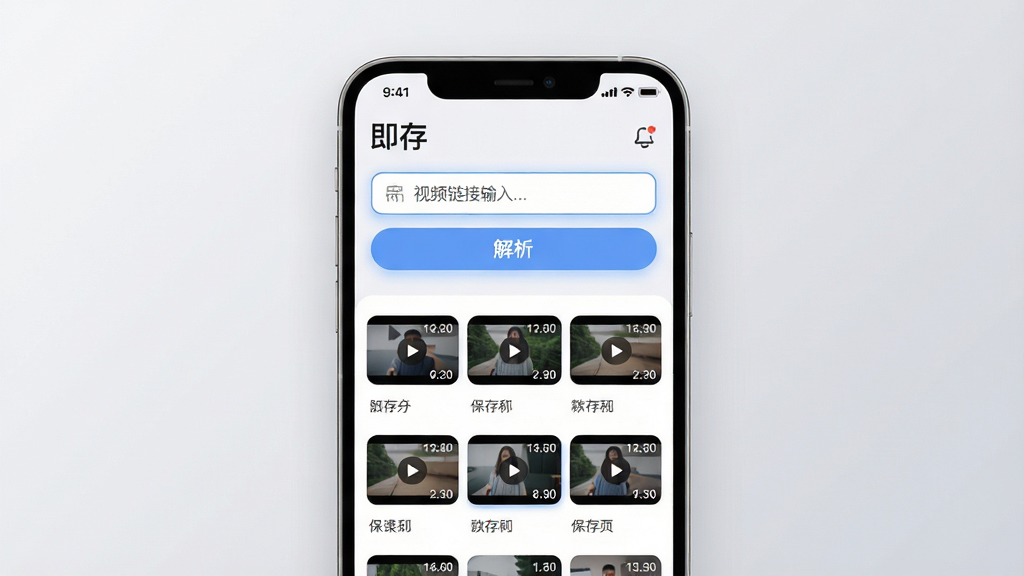 画面主体为一款名为“即存”的手机应用界面悬浮于画面中央,布局采用上下分层结构,上方展示视频链接输入框与解析按钮,下方排列已保存视频的缩略图网格,排版简洁疏朗,风格为现代扁平化科技风,细节上输入框边缘带有微光提示,缩略图带有圆角与时长标签,背景为浅灰渐变底色,画质清晰干净,无多余装饰元素