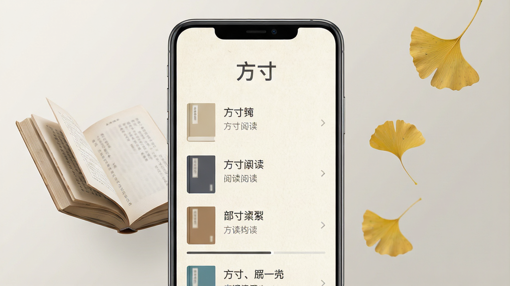 画面中央是一部竖屏安卓手机,手机屏幕内展示一款名为“方寸”的阅读软件界面,界面采用米白色纸张底色与深灰色文字排版,顶部居中显示“方寸”二字,下方是整齐的书籍列表与阅读进度条。手机左侧悬浮一本翻开的纸质书,右侧点缀几片飘落的银杏叶,背景为浅暖灰色渐变,风格简约干净,细节清晰,画质细腻,无多余装饰元素