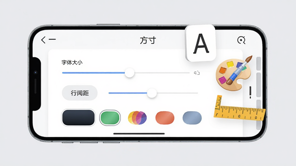 画面展示一部手机横屏放置,屏幕内为“方寸”软件的阅读设置面板,面板上有字体大小滑块、行间距调节按钮与背景颜色选项,面板旁漂浮着“A”字母图标、调色盘与排版标尺。背景为柔和的浅灰色,风格简洁明快,细节清晰,画质干净,无多余元素