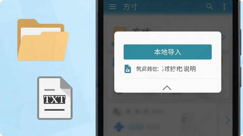 画面展示一部安卓手机屏幕特写,屏幕内为“方寸”软件的导入书籍弹窗,弹窗中有“本地导入”按钮与文件格式说明,手机旁放置一个文件夹图标与TXT文档图标,背景为浅蓝色渐变,风格扁平简洁,细节清晰,画质干净,无多余元素