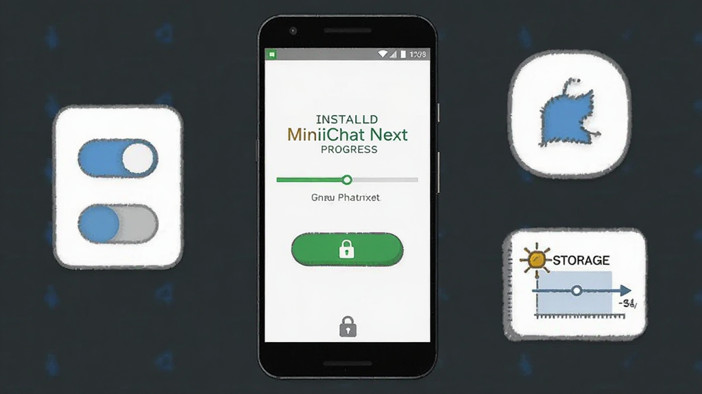 一张表现安卓手机安装 MiniiChat Next 过程的步骤示意图,画面主体是一部手机屏幕显示安装进度界面,旁边有权限开关图标和存储空间示意图,布局为手机居中、图标环绕,风格为简洁教程插画,细节包括安装按钮、进度条、权限锁图标,画质清晰,干净,无多余元素