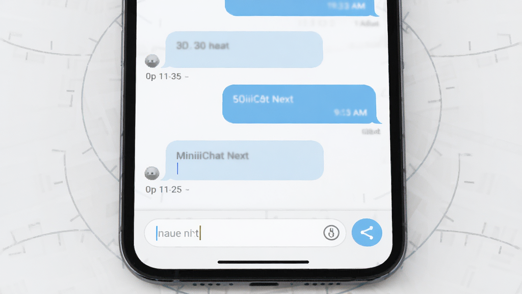 一张展示 MiniiChat Next 会话界面细节的示意图,画面主体是一部手机屏幕特写,屏幕上显示聊天对话气泡,气泡左右分布,配色为浅蓝与白色,布局为居中特写,风格为 UI 设计展示风格,细节包括时间戳、输入框、发送按钮,画质清晰,干净,无多余元素