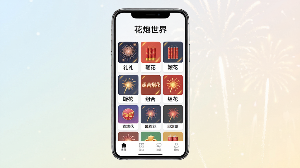 一张手机应用界面展示图,画面中央是一部竖屏智能手机,屏幕上显示花炮世界应用首页,页面顶部有花炮世界文字标识,中部为烟花产品分类卡片网格,包含礼花、鞭炮、组合烟花等图标,底部为导航栏,背景为浅色渐变,风格清新简洁,细节清晰,画质干净,无多余元素