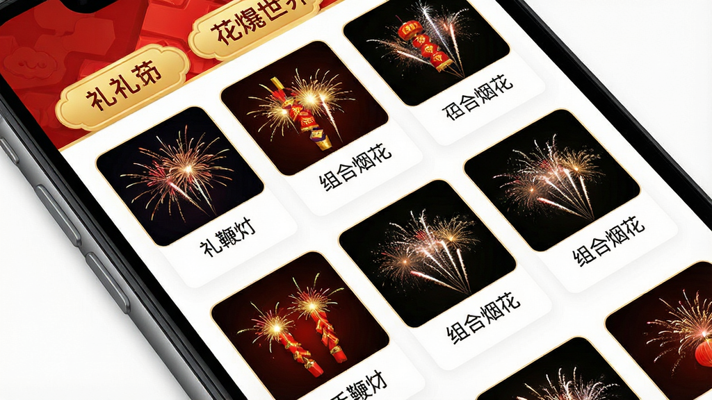 一张花炮世界应用产品分类页面示意图,画面为手机屏幕特写,屏幕内显示多个花炮分类标签与产品缩略图卡片,卡片上标注礼花、鞭炮、组合烟花等文字,配色以红金为主,风格喜庆简洁,布局规整,画质清晰干净,无多余元素
