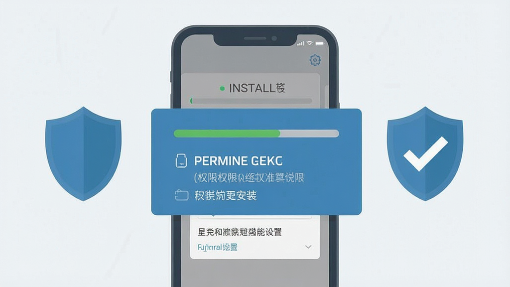 一张手机应用安装与使用注意事项示意图,画面为手机屏幕与提示弹窗组合,屏幕显示安装进度条与权限设置选项,旁边配有盾牌与对勾图标,风格扁平化信息图,配色蓝灰为主,布局清晰,画质干净,无多余元素