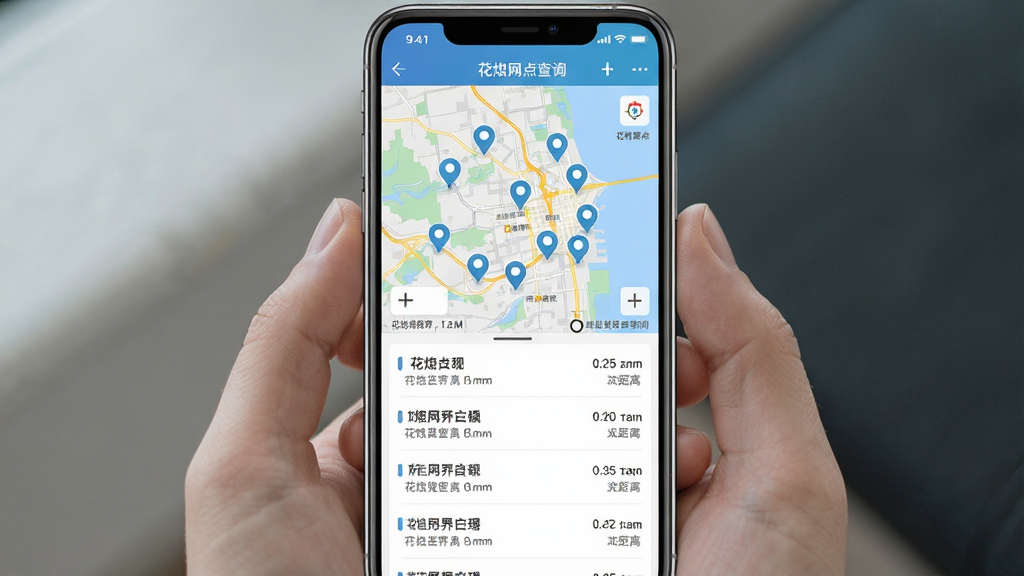 花炮世界应用零售网点查询界面图,手机屏幕显示地图与网点列表混合布局,地图上标注多个位置点,下方列表展示网点名称与距离信息,界面风格简洁实用,配色清爽,画质清晰干净,无多余元素