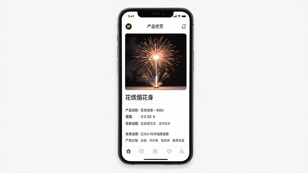 花炮世界应用产品详情页展示图,手机屏幕中显示一款组合烟花的产品图片与参数列表,页面包含产品名称、规格、效果说明等文字区块,界面排版整齐,风格现代简约,背景为白色,画质干净清晰,无多余元素