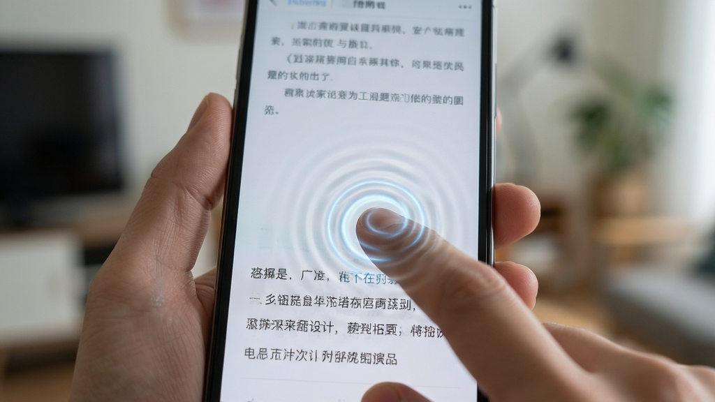 主体为一只手握持手机进行滑动翻页的动作特写,屏幕显示阅读界面并带有手指滑动轨迹的光效示意,布局为手与手机占据画面中心,背景为模糊的室内环境,风格为科技感操作演示风,细节包括手指与屏幕的接触点有轻微涟漪效果、界面文字清晰,画质为高清,画面干净无多余元素