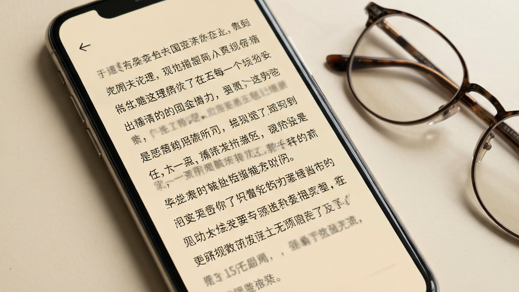 主体为手机屏幕显示阅读界面,界面中文字段落排列整齐,背景为米黄色护眼底色,布局为屏幕占据画面主要位置,旁边放置一副眼镜作为点缀,风格为生活化阅读场景,细节包括文字清晰锐利、行距均匀、背景色柔和,画质为高清,画面干净无多余元素