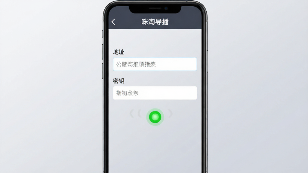 手机屏幕显示推流设置页面,包含地址输入框与密钥输入框,下方有连接状态指示灯呈绿色,背景为浅灰渐变,风格简洁商务,布局规整,画质清晰,页面标题位置写有