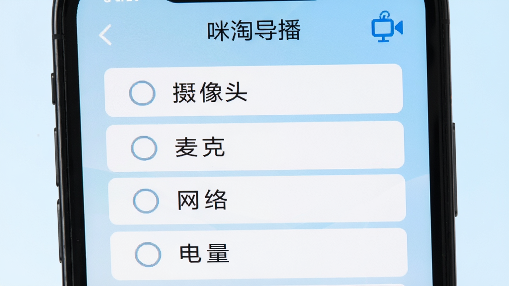 手机屏幕显示直播前的自检清单界面,包含摄像头、麦克风、网络、电量四个检测项,每项前有勾选圆圈,背景为浅蓝渐变,风格清爽,布局为竖屏列表,画质干净清晰,界面标题处写有