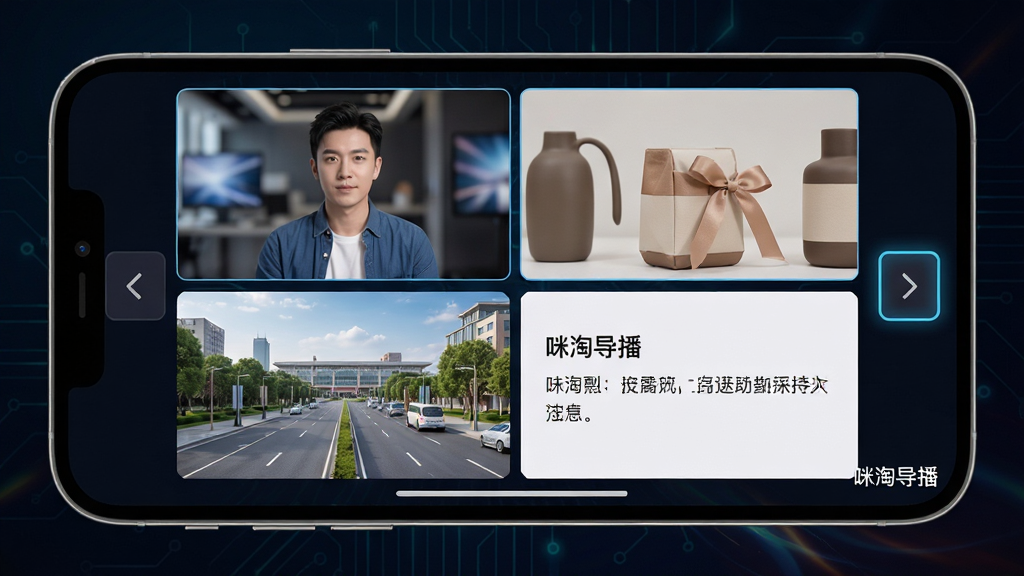 手机屏幕中呈现四个画面小窗并列排布,分别显示人物、商品特写、场景全景与文字板,界面带有切换箭头与高亮选中框,背景为深色科技感渐变,风格专业简洁,画质清晰,屏幕角落标注