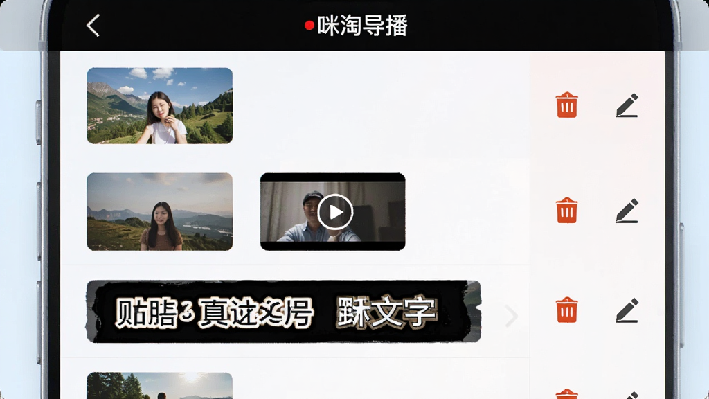 手机界面展示素材库列表,包含图片缩略图、视频文件与文字贴片条目,每条素材右侧有删除与编辑图标,背景为柔和浅色,风格清新简洁,排版整齐,画质细腻,界面顶部带有