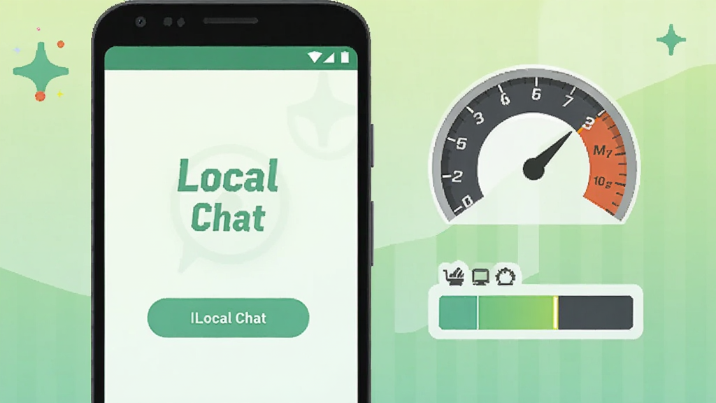 画面中一部安卓手机屏幕显示 Local Chat 启动界面,旁边有速度仪表盘与内存占用条图标,背景为浅绿色渐变,扁平化插画风格,突出轻量快速主题,细节清晰,画质干净,无多余元素