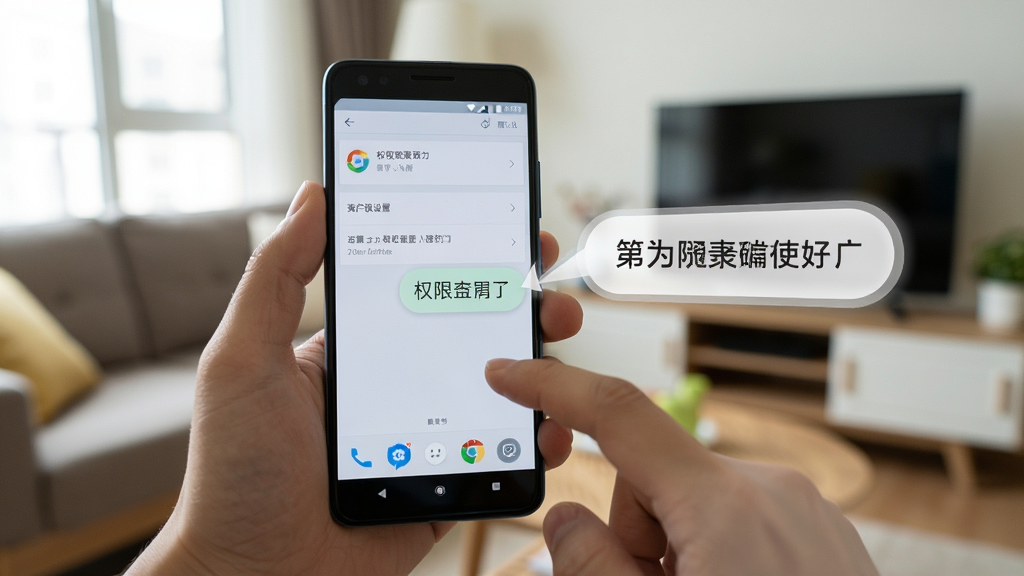 画面主体为一只手握持安卓手机,屏幕显示权限设置界面,旁边有中文标注的提示气泡;背景为居家客厅环境,光线自然;采用近景构图;风格为生活化使用场景展示;细节上突出手指操作与界面提示;画质高清,画面干净,无多余元素