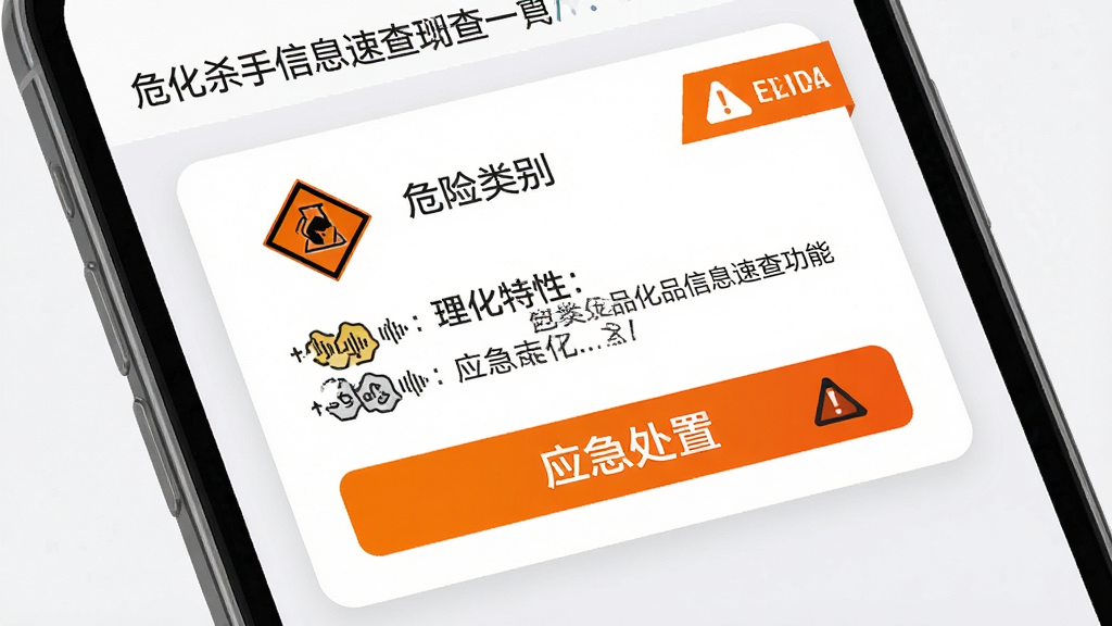 危化杀手危化品信息速查功能界面,手机屏幕展示危化品详情卡片,卡片内含危险类别图标、理化特性文字与应急处置按钮,背景为白色与浅灰搭配,布局为上下分层结构,风格专业简洁,细节处有醒目的橙色警示标签,画质清晰干净,无多余装饰