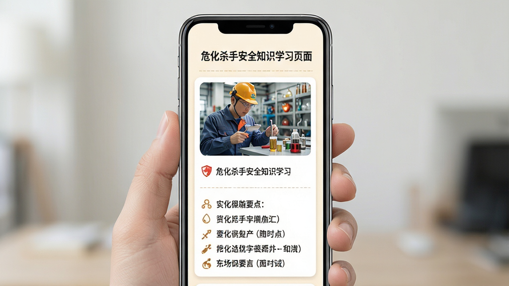 危化杀手安全知识学习页面,手机屏幕显示图文并茂的安全知识卡片,上方为标题文字,下方为配图与要点列表,背景为柔和米白色,布局为纵向滚动式,风格清新易读,细节包含小图标与分隔线,画质干净高清,无多余元素