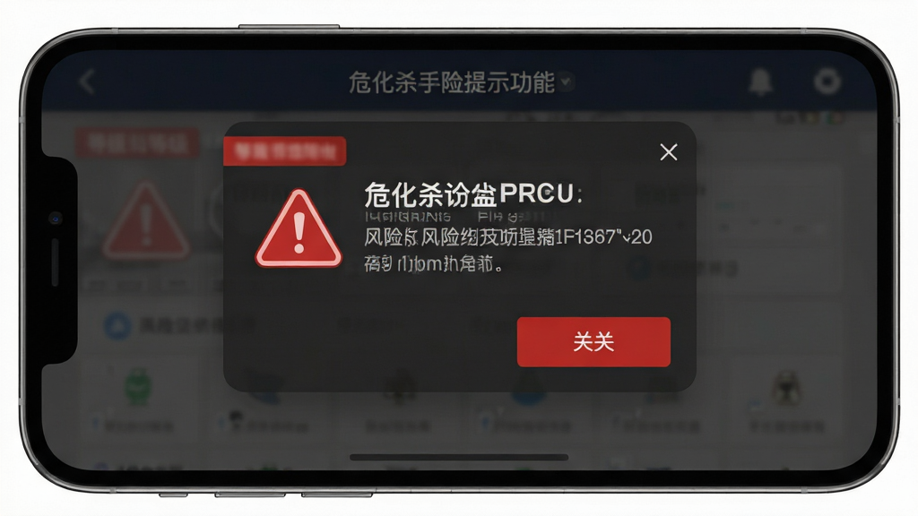 危化杀手风险提示功能界面,手机屏幕显示醒目的警示弹窗,弹窗内包含红色警示图标与风险描述文字,背景为半透明深色遮罩,布局居中突出,风格严肃专业,细节处有等级标签与关闭按钮,画质清晰干净,无多余元素
