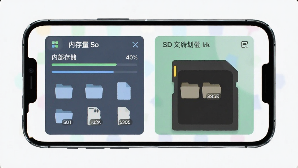 Explorer So 双存储管理功能展示,主体为手机屏幕内并排显示内部存储与SD卡两个分区面板,布局为左右分栏排版,风格为清爽简约的UI界面风,细节包含容量进度条、文件夹图标、文件数量标注,画质清晰,画面干净,无多余元素