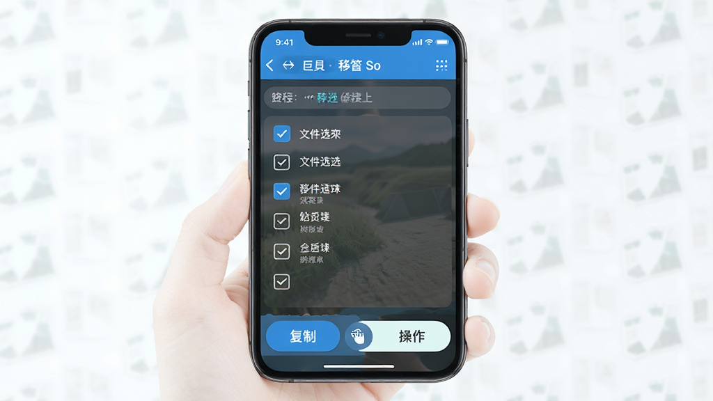 Explorer So 移动端操作指引展示,主体为手机屏幕显示文件多选状态与底部操作按钮栏,布局为上下结构排版,风格为明亮清新的教程示意风,细节包含勾选框、复制粘贴按钮、路径导航栏,画质高清,画面干净,无多余元素