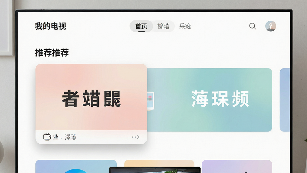 画面主体为“我的电视”应用首页界面,屏幕中央显示频道推荐卡片,顶部为简洁的导航栏,布局为上下结构,风格为极简UI设计风,细节包括大字号频道名称、柔和的配色、清晰的图标、留白充足的排版,画质高清,干净,无多余元素