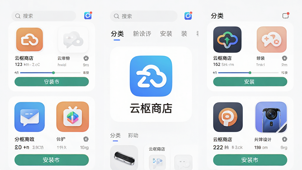 手机应用商店界面展示,画面中央是「云枢商店」蓝色图标与名称,周围环绕应用卡片和下载进度条,布局简洁清晰,排版为居中对称结构,风格为现代扁平化科技感,细节包含搜索框、分类标签、安装按钮等元素,画质高清,干净无多余元素