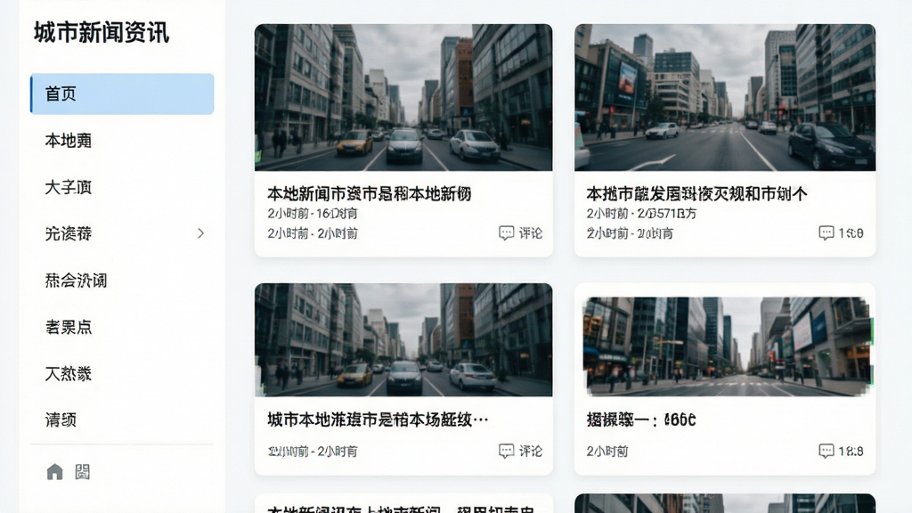 主体为城市新闻资讯聚合页面展示,布局为左侧分类导航与右侧图文信息流,排版采用卡片式纵向排列,风格为清爽资讯阅读界面,细节包含本地新闻标题、发布时间、评论数量等元素,画质清晰,干净,无多余元素