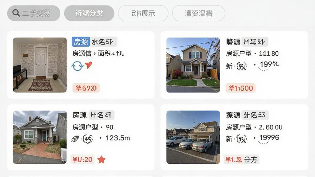 主体为二手交易与房源信息混合展示界面,布局为上方分类切换标签与下方双列信息卡片,排版紧凑有序,风格为生活化社区风格,细节包含物品图片、价格标签、房源户型与面积信息等元素,画质清晰,干净,无多余元素