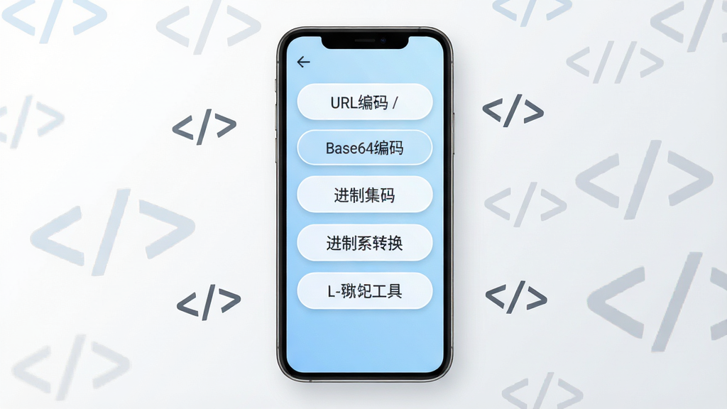 一张展示编码工具手机应用主界面的图片,画面中央为浅蓝色调的编码转换面板,面板上排列着URL编码、Base64编码、进制转换等多个功能按钮,按钮采用圆角设计,背景为干净的白色渐变到浅灰,手机以正面视角居中摆放,周围有少量代码符号点缀,整体风格清爽简洁,画质清晰,无多余元素