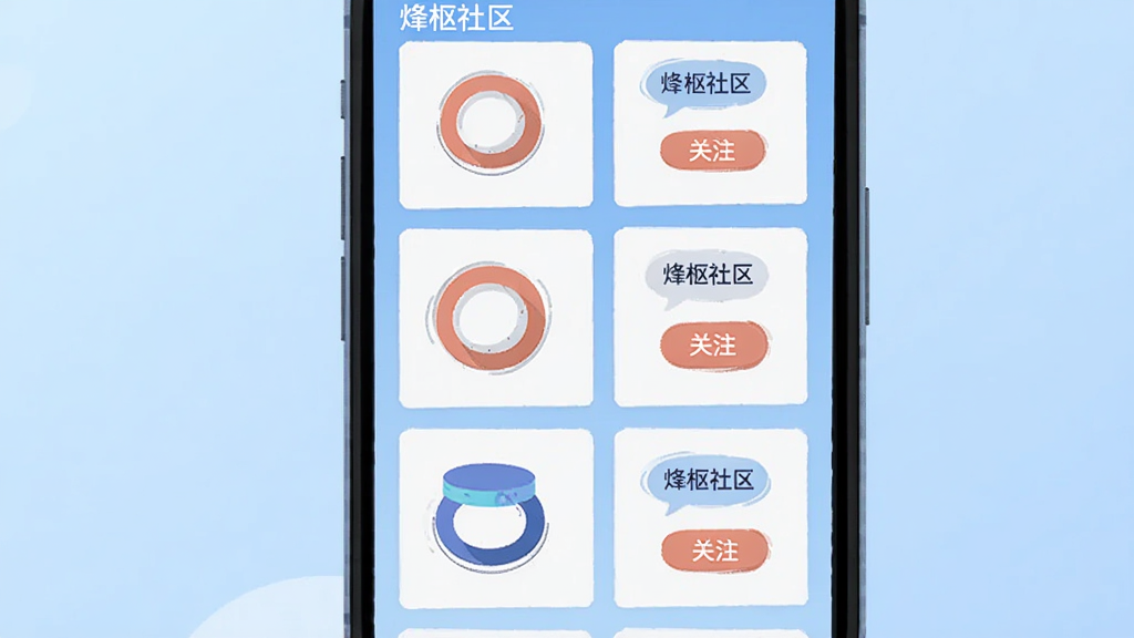 手机屏幕中展示多个圆形圈子图标与话题标签,界面以卡片网格排列,背景为浅蓝渐变,风格为扁平化插画,细节包含“烽枢社区”字样、话题气泡、关注按钮,画质清晰、干净、无多余元素