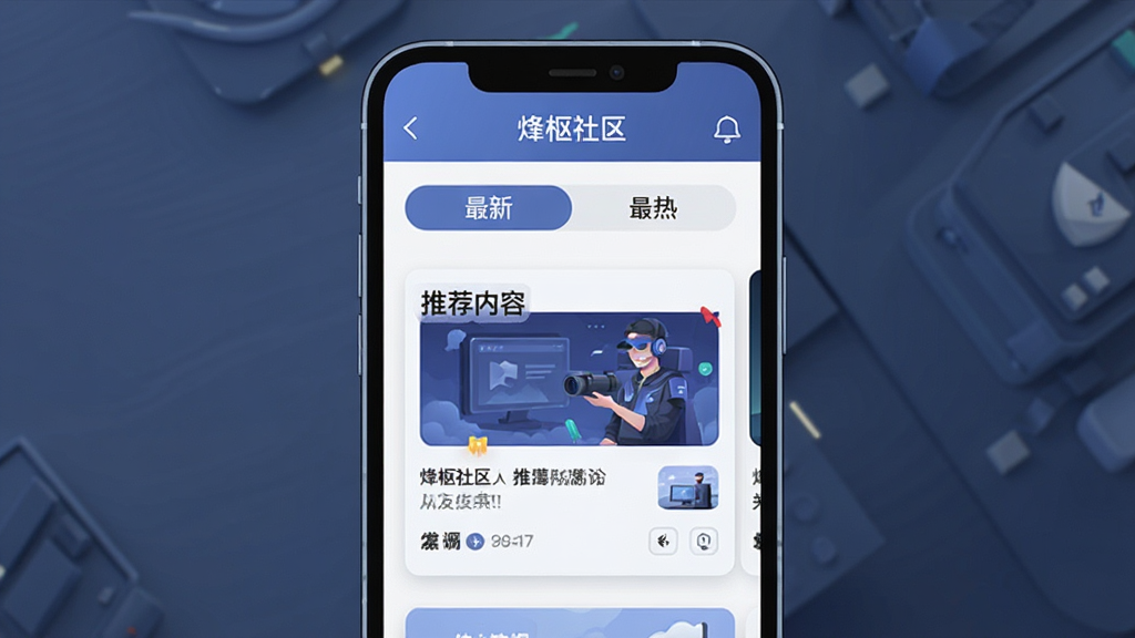 手机界面展示信息流排序选项与推荐内容卡片,屏幕上有“最新”“最热”切换标签,布局为手机正面居中,风格为简洁科技感插画,细节包含“烽枢社区”标题栏、内容卡片、排序按钮,画质清晰、干净、无多余元素