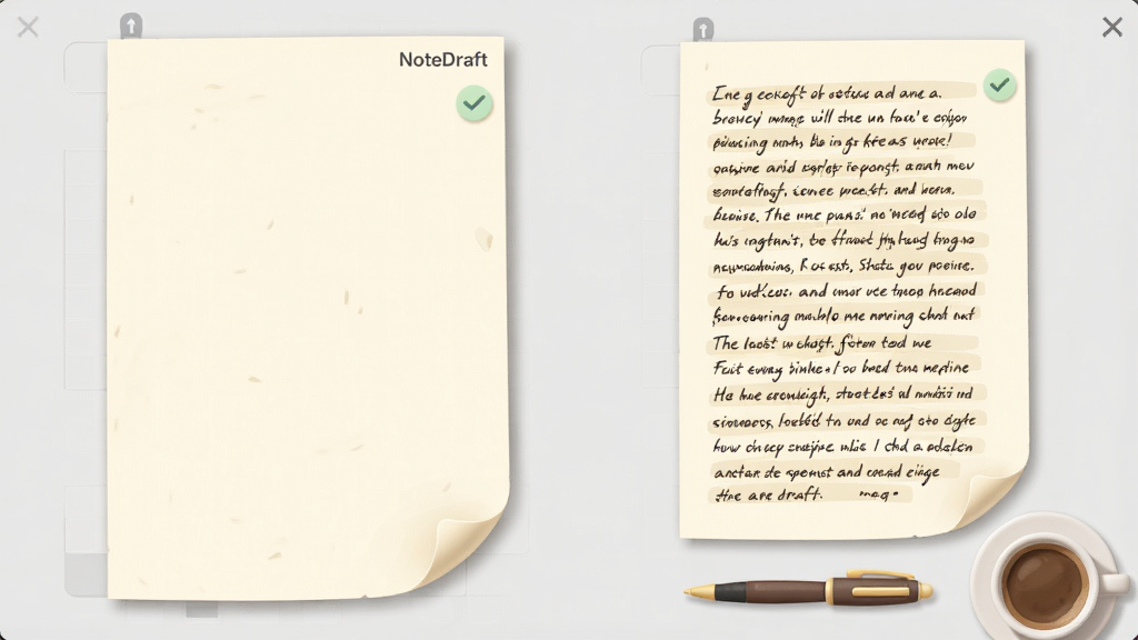 һ�ź���ͼ��Ӧ�ý���չʾͼ�������NoteDraft�հױ༭ҳ��ֽ���װ�ɫ�����Ͻ��С�NoteDraft��С�ֱ�ʶ���Ҳ���ͬһҳд���̾���״̬������Ϊ��д���񣬻����·��ڷ�һ֧�ʺ�һ�����ȣ����Ϊ���±�ƽ�廭��ϸ�ڰ�����͹�Ӱ��ֽ�ű�Ե΢��������ɫ����Թ�ͼ�꣬���ʸɾ�����������ǳ��������Ԫ��