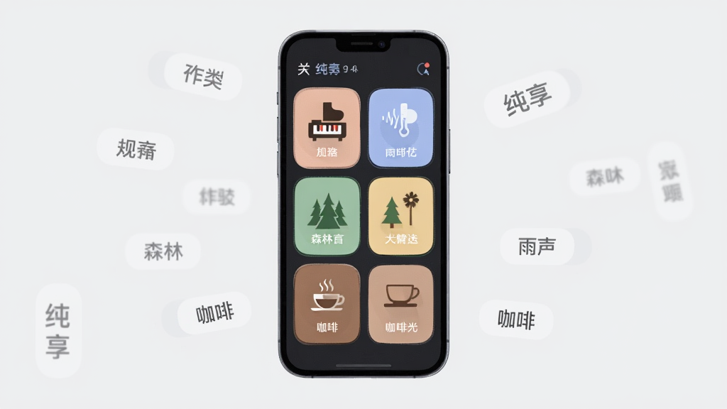 一部手机屏幕显示纯享的分类页面,页面上有钢琴、雨声、森林、咖啡厅等图标卡片整齐排列,卡片为圆角矩形,配色柔和,手机悬浮在浅灰色背景中央,周围有淡淡的分类标签漂浮,风格扁平化插画,细节上突出分类图标的辨识度与排列的秩序感,画质清爽,干净,无多余元素