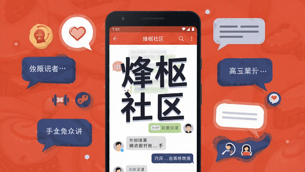 画面中央放置一部安卓手机,手机屏幕显示“烽枢社区”四个大字和社区聊天界面,周围环绕多个兴趣圈子图标和对话气泡,整体采用扁平化插画风格,色调以橙红和深蓝为主,布局左右对称,细节干净清晰,画质高清,无多余元素
