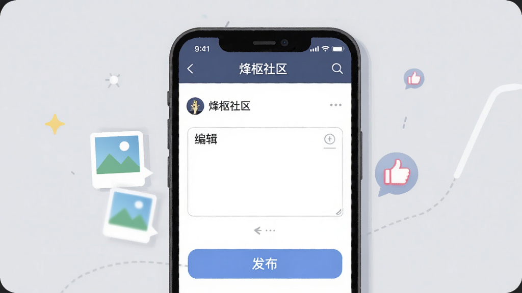 一张展示“烽枢社区”发帖界面的手机截图风格插画,画面主体为手机屏幕上的编辑框和发布按钮,旁边配有图片图标和点赞气泡,背景为浅灰色,风格简洁现代,细节清晰,画质干净