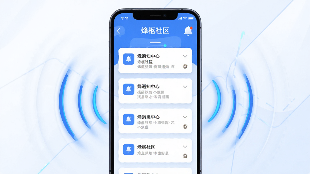 画面展示“烽枢社区”消息通知中心界面,手机屏幕上有多个消息卡片和铃铛图标,周围有动态波纹线条表示提醒,风格为清爽的科技插画,色调以蓝色和白色为主,布局居中,细节干净,画质高清