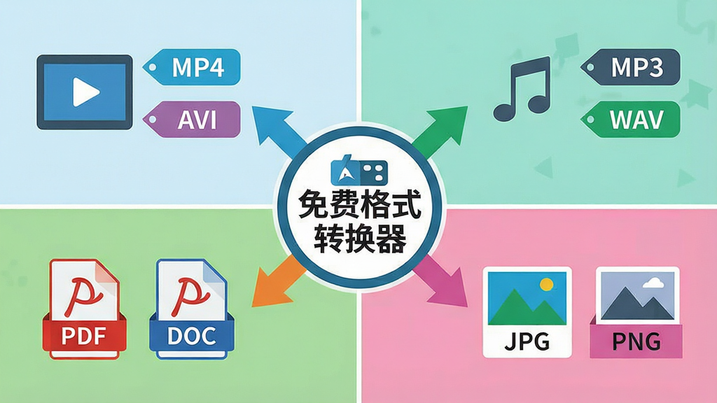 һ����Ϣͼ���Ĳ廭�������Ϊ�ĸ����ޣ�ÿ�����޴���һ���ʽת�������Ͻ�Ϊ��Ƶͼ����MP4��AVI��ǩ�����Ͻ�Ϊ��Ƶͼ����MP3��WAV��ǩ�����½�Ϊ�ĵ�ͼ����PDF��DOC��ǩ�����½�ΪͼƬͼ����JPG��PNG��ǩ�����������ü�ͷ���ĸ��������ӵ�
