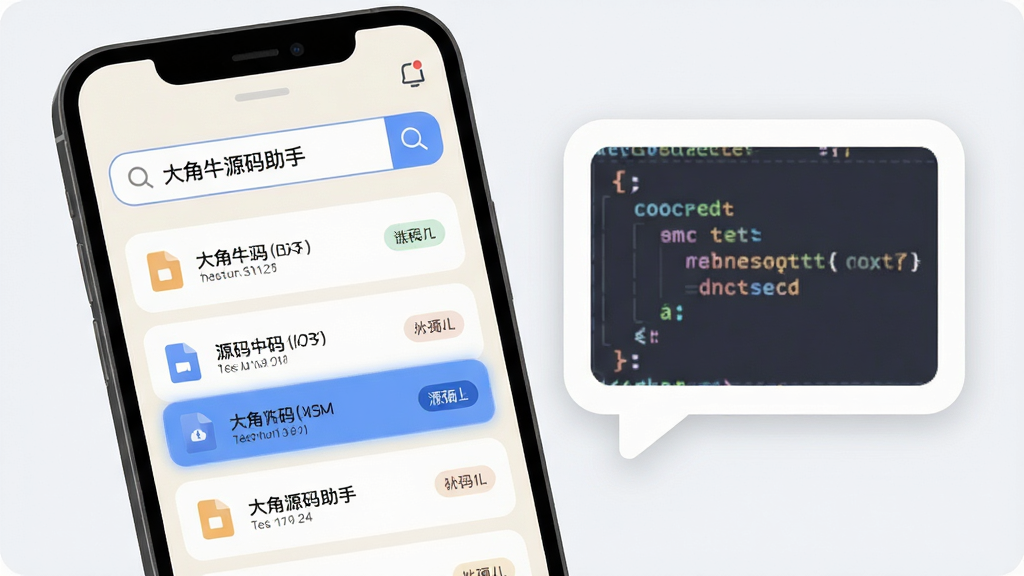 画面主体为一部手机屏幕,屏幕中显示“大角牛源码助手”的搜索框与下方排列整齐的源码文件列表,搜索框内有放大镜图标,列表项带文件类型标签,手机右侧漂浮一个放大的代码片段气泡,布局为左右结构,风格为清爽扁平化,细节包括浅色背景、圆角列表项、蓝色高亮选中状态,画质清晰干净,无多余元素